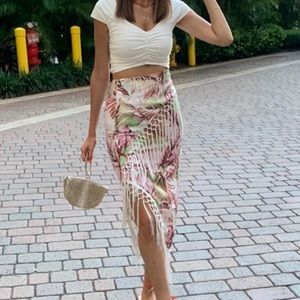 Tropical print fringe skirt